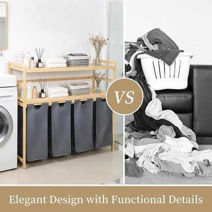 Bamboo Laundry Hamper with Shelf 200L, Laundry Basket 2-Tier with 4 Pull-Out - Image 2