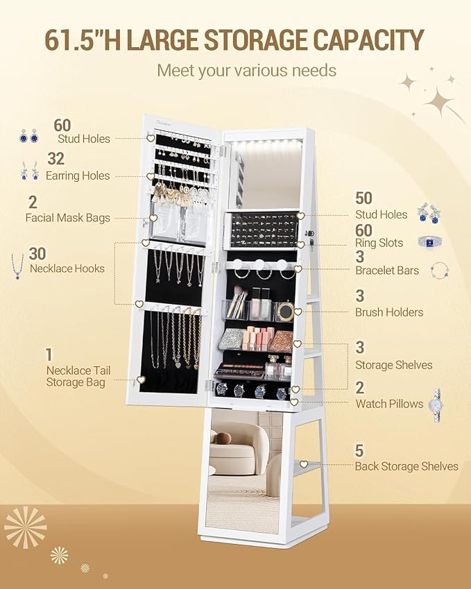 Hzuaneri 16 LEDs Jewelry Cabinet Armoire, Standing Jewelry Organizer - Image 6