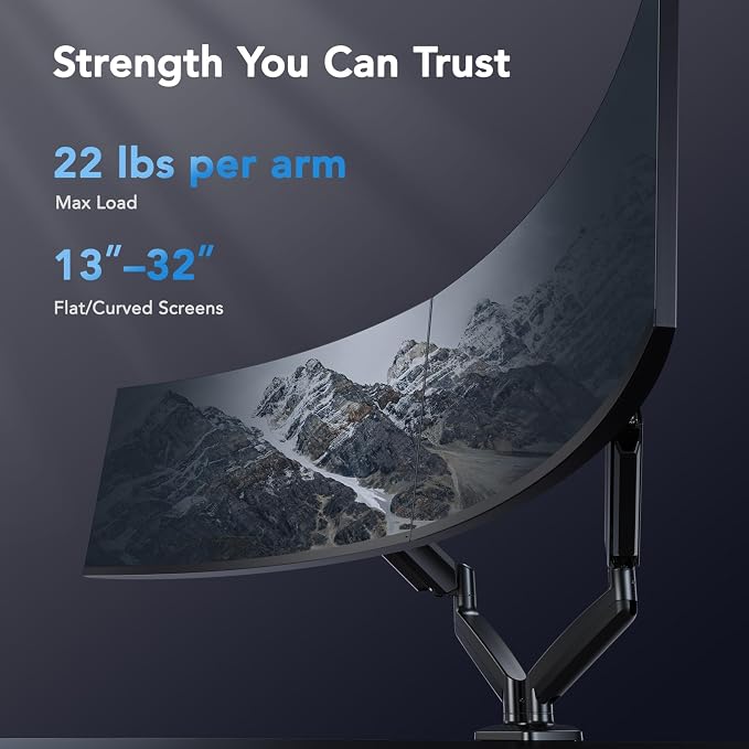 HUANUO Dual Monitor Mount, Mounts 2 Screens Up to 32 Inch, Holds 22 lbs per Arm - Image 3