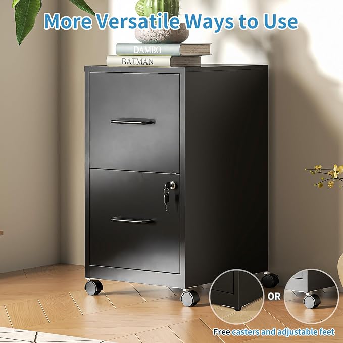 2 Drawer File Cabinet with Lock, Small Rolling Metal Office Storage Mobile - Image 7