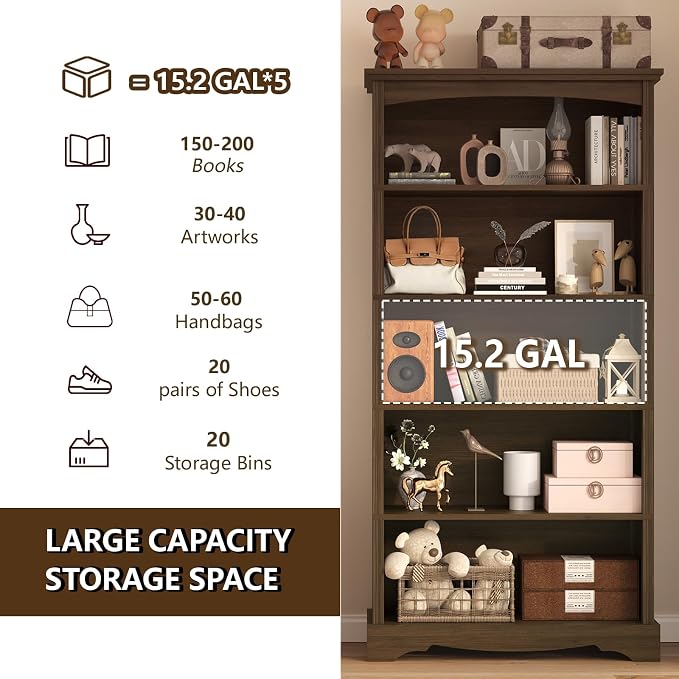 TVU 5-Tier Wooden Bookshelf, 31.5" W x 65" H ×9.9" D Bookshelf - Image 4