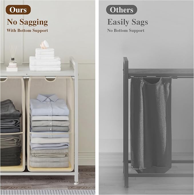 3-Section Laundry Hamper with Shelf, Pull-Out Removable 12.8 gal Bags, Metal - Image 4