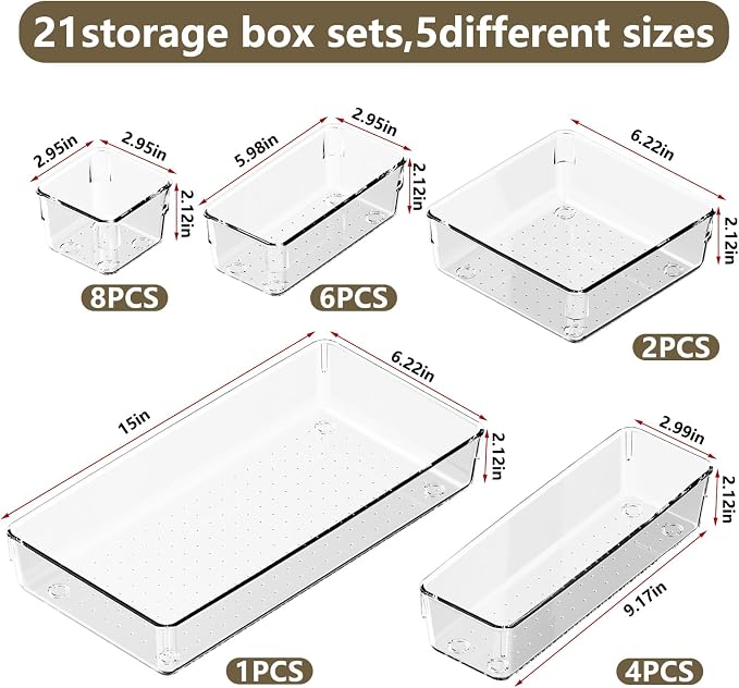 21 PCS Clear Plastic Drawer Organizer Set, 5 Sizes Acrylic Drawer Storage Trays - Image 2