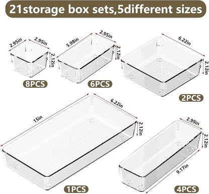 21 PCS Clear Plastic Drawer Organizer Set, 5 Sizes Acrylic Drawer Storage Trays - Image 2