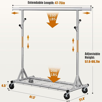 Heavy Duty Clothes Rack Load 530 lbs, Metal Rolling Clothing Rack - Image 3