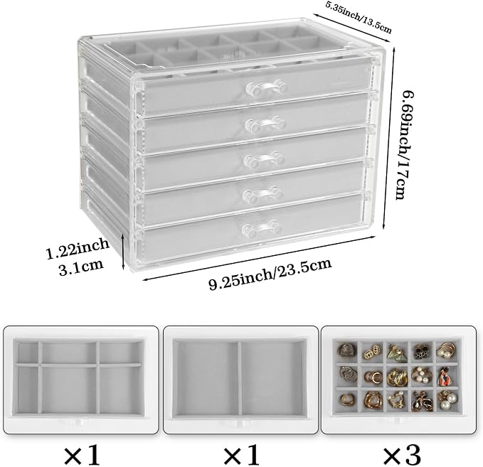 5 Drawers Clear Jewelry Box for Women and Girls, Acrylic Earring Holder - Image 4