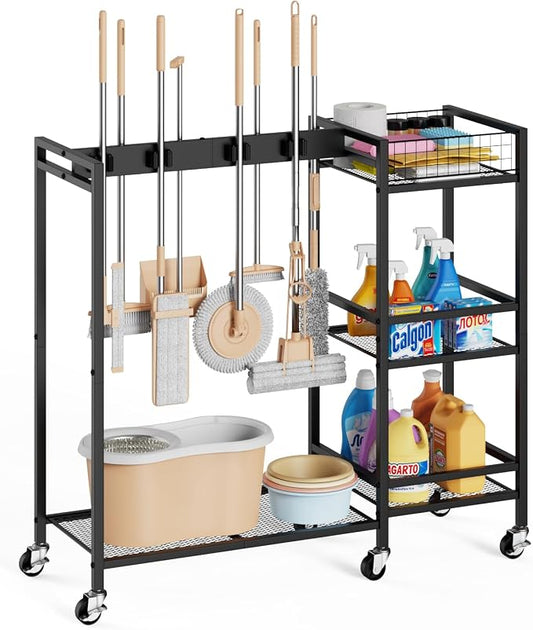 Broom Holder with Cleaning Supplies Organizer, Movable Broom Closet Storage by BORISI