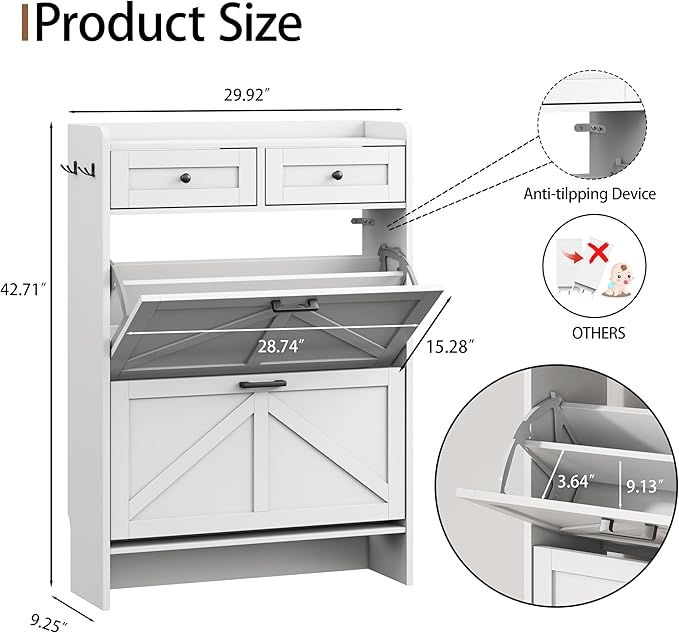 Shoe Cabinet with 2 Flip Drawers & 2 Top Drawers, Hidden Slim Shoe Rack - Image 2