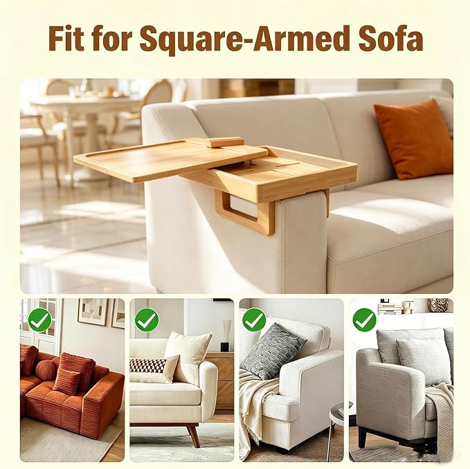 Bamboo Sofa Arm Tray Rotating Tabletop Couch Arm Table | Storage & Phone Holder - Image 5