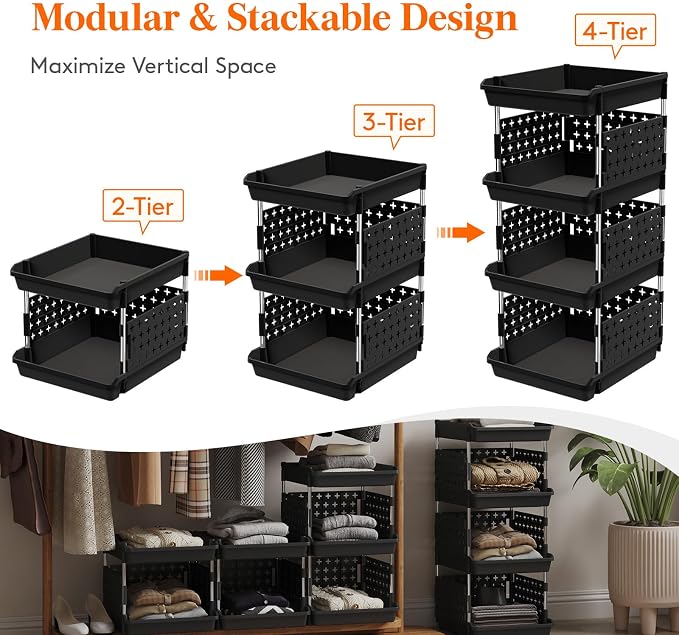 Lifewit 4 Tier Plastic Stackable Storage Baskets - Image 4