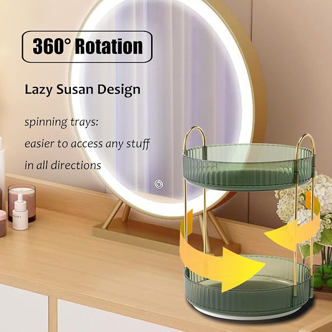 Rotating Makeup Organizer Countertop 2 Tier Lazy Susan Trays Clear Skincare - Image 2