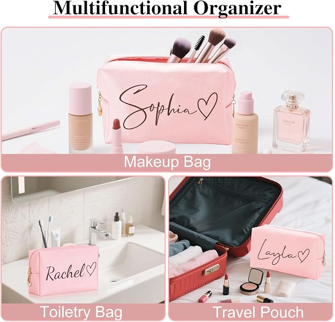 Personalized Makeup Bag with Name & Birth Flower, Custom Leather Cosmetic Bags - Image 4