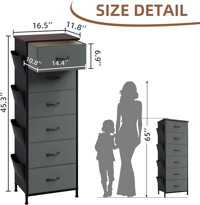 Somdot Tall Dresser for Bedroom, 6 Drawer Storage Cabinet, Charcoal Grey | - Image 3