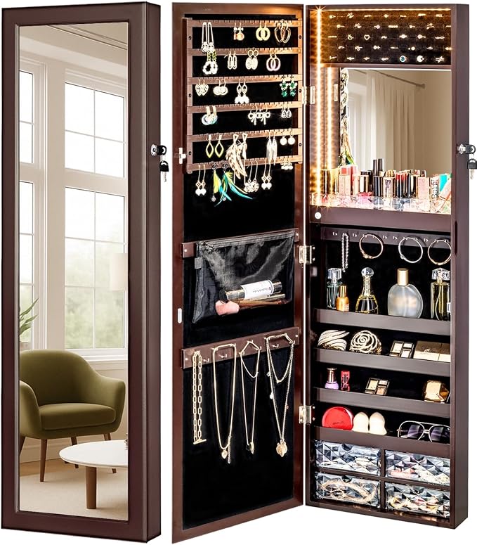 LUXFURNI Mirror Jewelry Cabinet 79 LED Lights Wall-Mount/Door-Hanging Jewelry by LUXFURNI