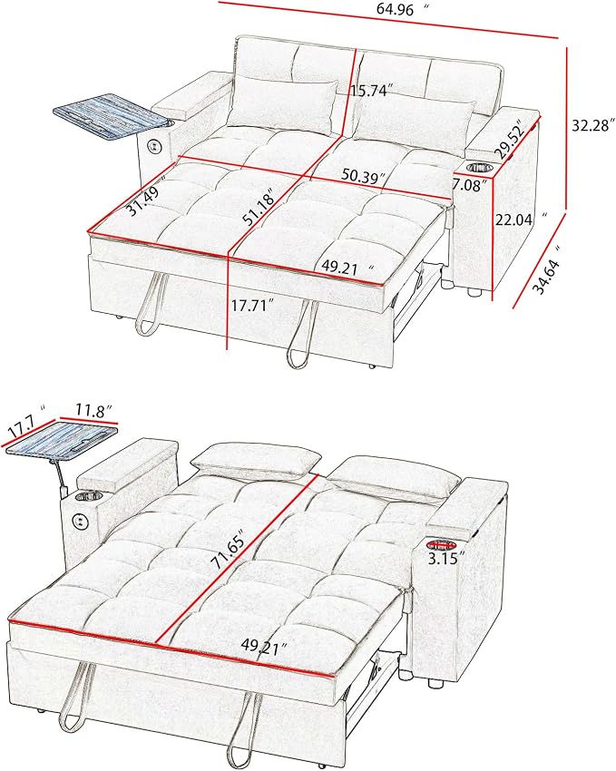hansones 65'' 3-in-1 Folding Convertible Sofa Bed, Pullout Sofa, Modern - Image 2
