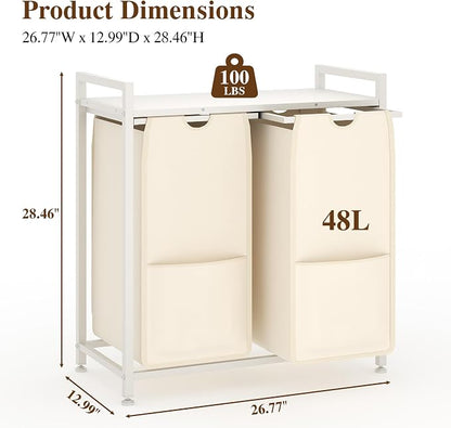 2-Section Laundry Hamper with Shelf, Pull-Out Removable 12.8 gal Bags, Metal - Image 7
