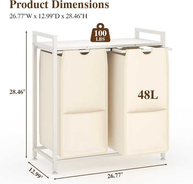Laundry Sorter, 2 Section, 26.8x13x28.5 Inch | Freestanding White Hamper Basket - Image 3