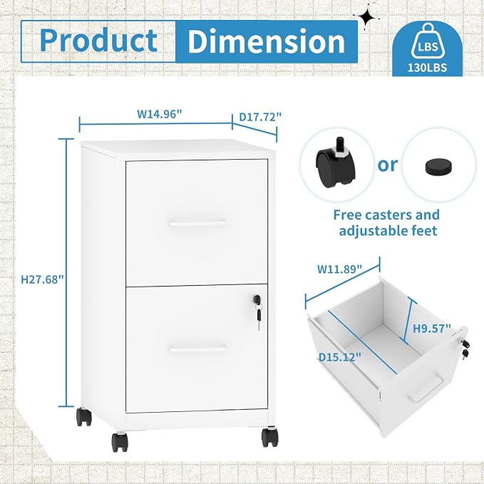 2 Drawer File Cabinet with Lock, Mobile File Cabinets with Wheels, Metal Office - Image 3