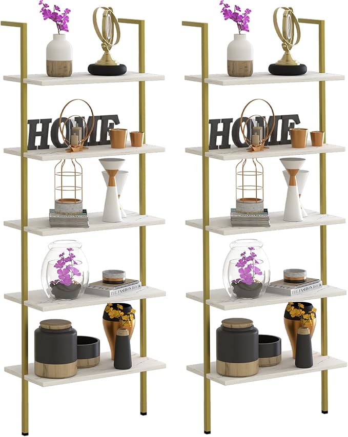 5 Tiers Ladder 2-Piece Shelf White Marble Modern Bookshelf Open Tall Wall Mount by Wolawu