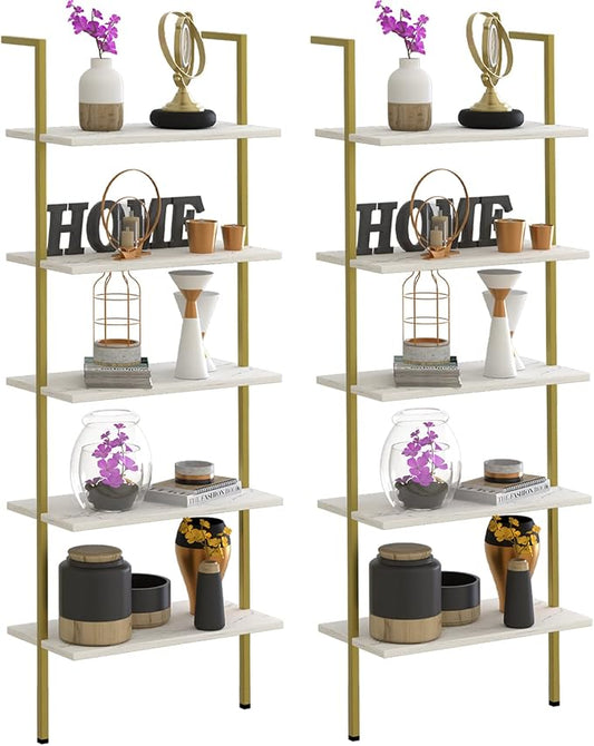 5 Tiers Ladder 2-Piece Shelf White Marble Modern Bookshelf Open Tall Wall Mount by Wolawu