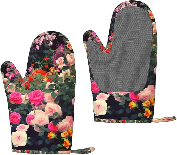 Roses Garden Print Oven Mitts Set of 2, Heat Resistant Silicone Oven Mittens by Unknown