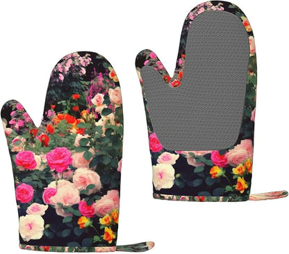 Roses Garden Print Oven Mitts Set of 2, Heat Resistant Silicone Oven Mittens by Unknown