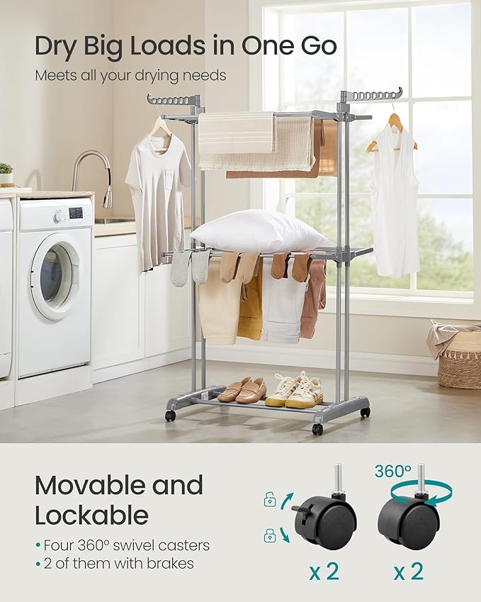 SONGMICS Clothes Drying Rack 3-Tier, Foldable Laundry Drying Rack 58.3-Inch Tall - Image 3