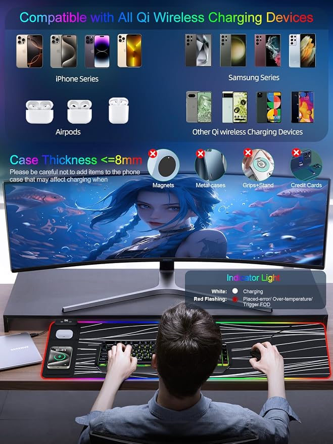 XXL Mouse Pad with Phone Holder, RGB Desk Mat with 15W Fast Charging, LED Large - Image 3