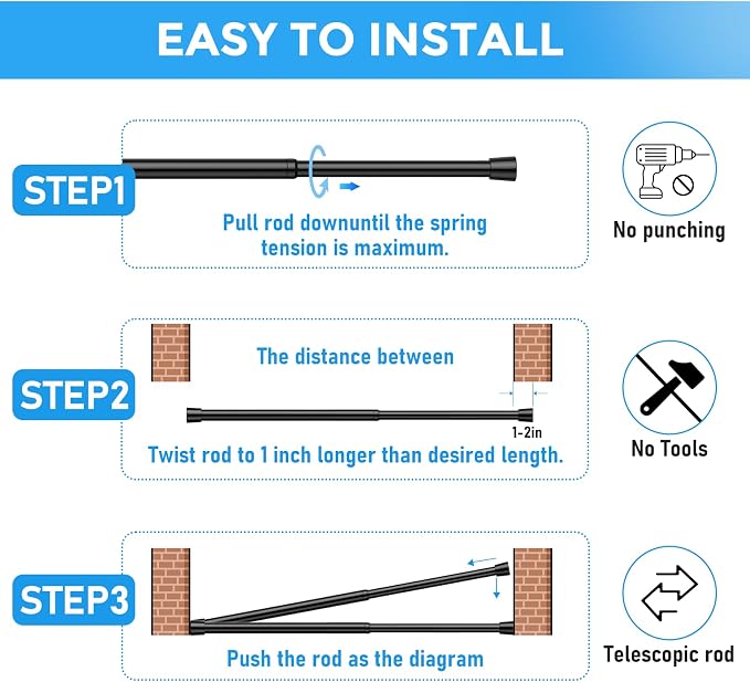 2 Pack Spring Loaded Tension Rod 16-26" Adjustable Curtain Rods No Drill - Image 8