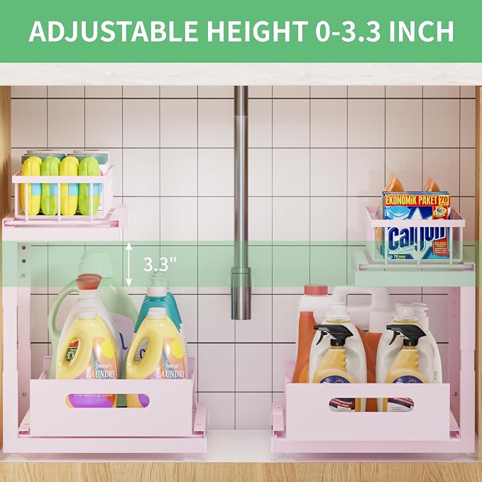 Under Sink Organizer Storage: Adjustable Height, 2 Tier L-Shaped Pull-Out Metal - Image 2
