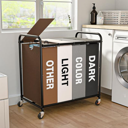 Laundry Sorter 4 Sections 48 Gal, Rolling Laundry Basket by OLLDIDE