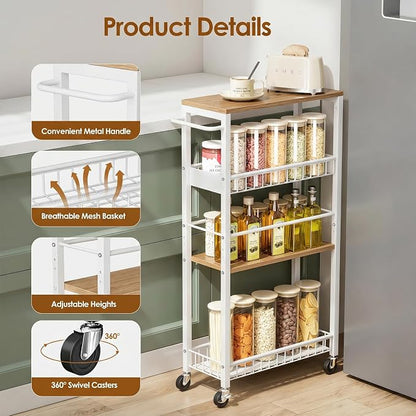 Slim Rolling Storage Cart, 4 Tier Narrow Storage Cart, 7.1in | Metal Kitchen - Image 5