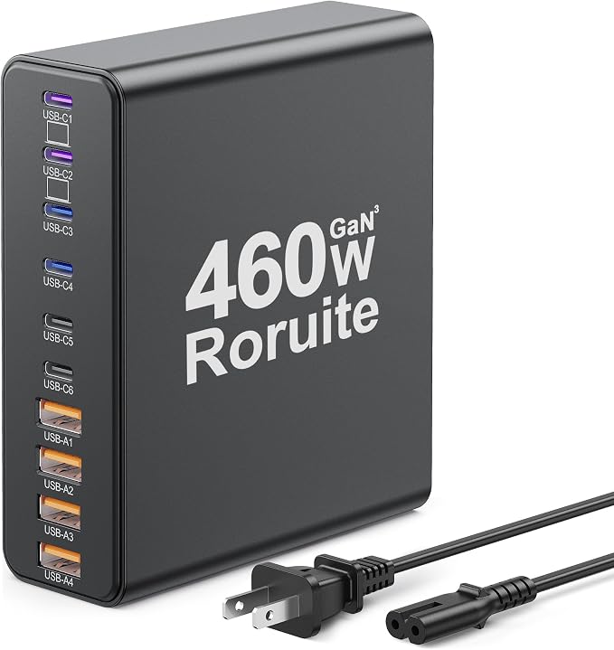 460W USB C Charger Block, 10-Port Charging Station GaN Fast Charger Block Type by Roruite
