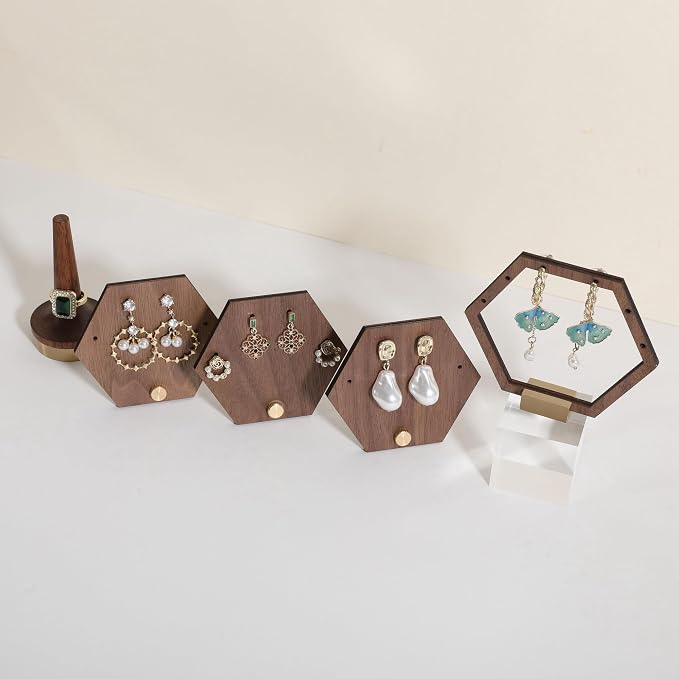 GemeShou 3pcs wooden jewelry earring organizer holder, walnut earring studs - Image 3
