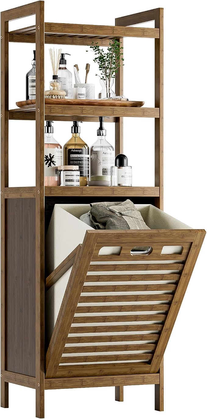 HITNET Bamboo Tilt Out Laundry Hamper, Bathroom Storage Cabinet by HITNET