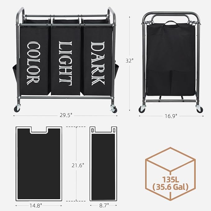 STORAGE MANIAC 3 Section Laundry Sorter, 35.9 Gal Laundry Hamper Cart - Image 3