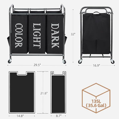 STORAGE MANIAC 3 Section Laundry Sorter, 35.9 Gal Laundry Hamper Cart - Image 3