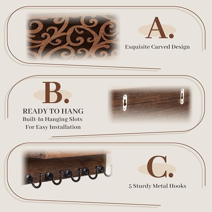Novabright Mail and Key Holder for Wall Decorative Wall-Mounted Carved Wooden - Image 4