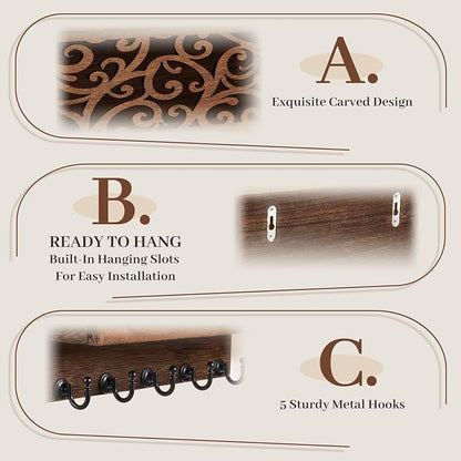 Novabright Mail and Key Holder for Wall Decorative Wall-Mounted Carved Wooden - Image 4