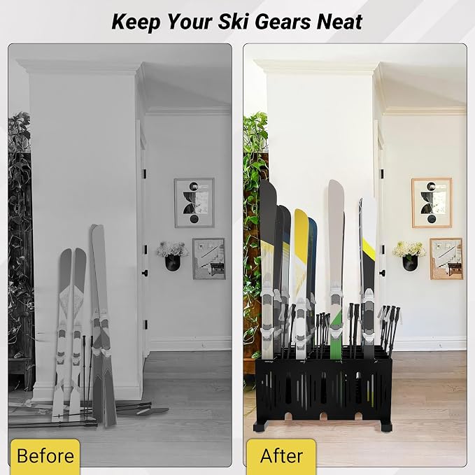 12-Pair Ski Storage Rack w/Width-Adjustable Fixing Bars, Heavy Duty Metal - Image 7