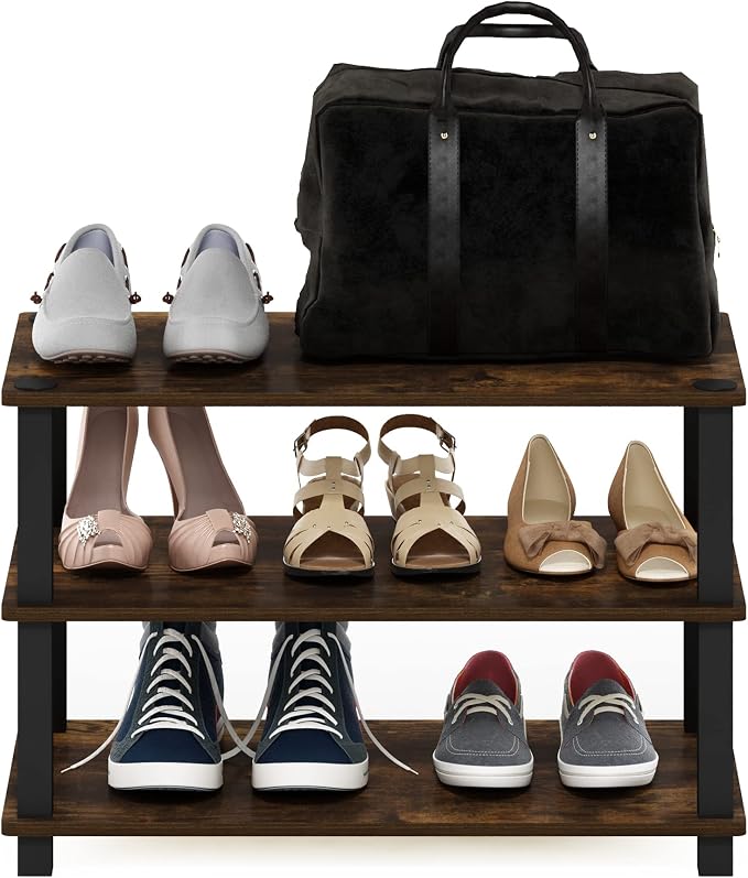 Furinno Turn-S-Tube 3-Tier Shoe Rack, Amber Pine/Black | 11.6 x 23.6 x 22.2 - Image 4
