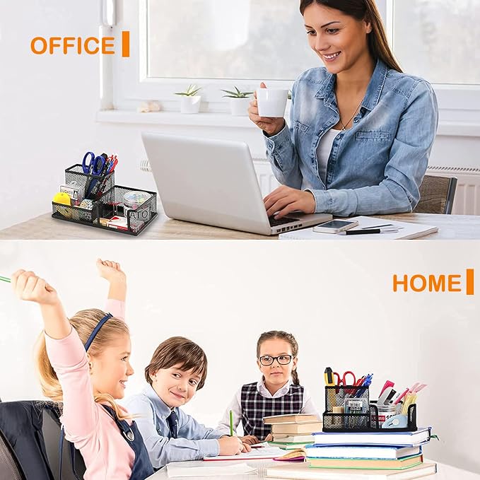 Pen Holder for Desk, Desk Organizers Set-3 Compartments Mesh Pencil Holder - Image 5