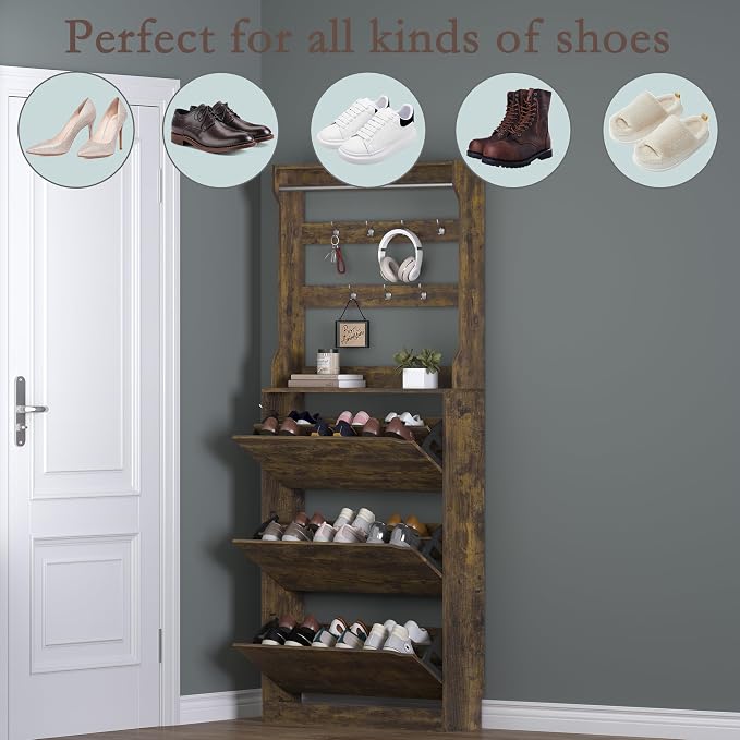 BORNOON Shoe Cabinet with 3 Flip Drawers & Coat Rack, Narrow Hidden Shoe - Image 4