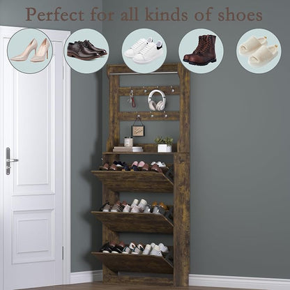 BORNOON Shoe Cabinet with 3 Flip Drawers & Coat Rack, Narrow Hidden Shoe - Image 4