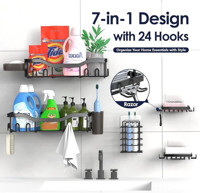 Shower Caddy Adhesive Shower Organizer 7-Pack, Rustproof Stainless Steel - Image 7