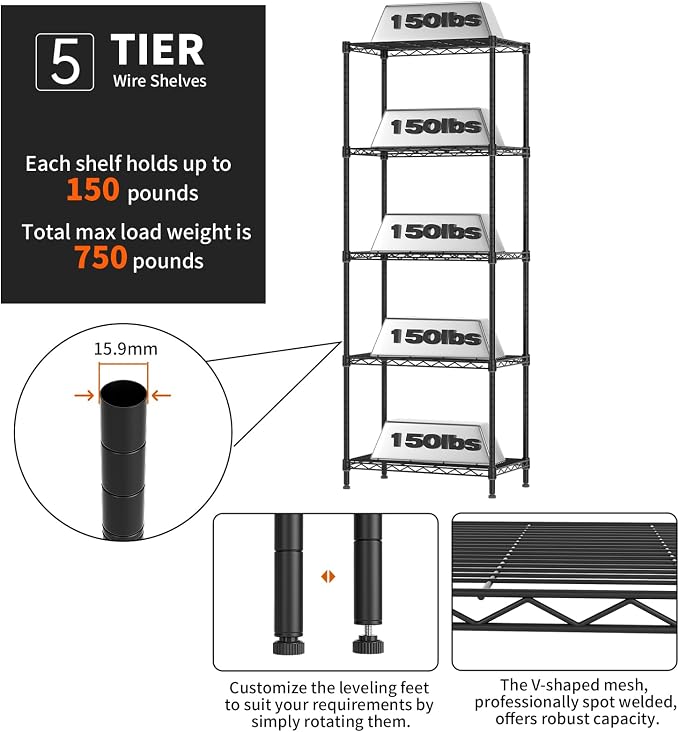 5 Tier Adjustable Storage Shelves Heavy Duty Metal Utility Shelf 750LBS - Image 4