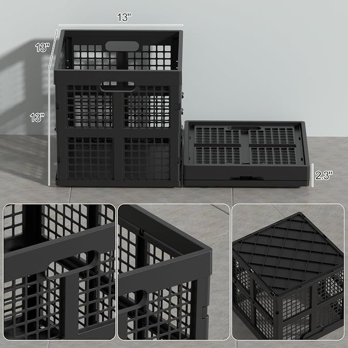 36 L Stackable Plastic Milk Crate, Collapsible Crates, 3 Packs | 13" Black - Image 2