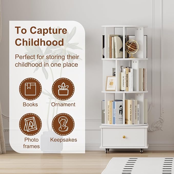 3-Tier Rotating Bookshelf with Drawers on Wheels, 360° Spinning Corner Bookcase - Image 4