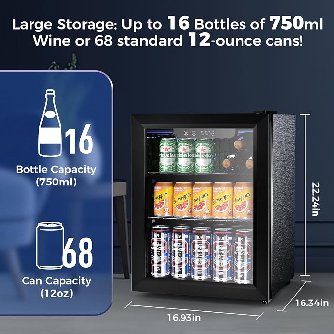 68 Cans Beverage Refrigerator Cooler, 1.7 cu.ft Mini Fridge Glass Door Drink - Image 2