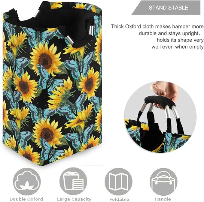 Abstract Sunflower With Blue Butterfly Large Laundry Hamper with Handle - Image 3